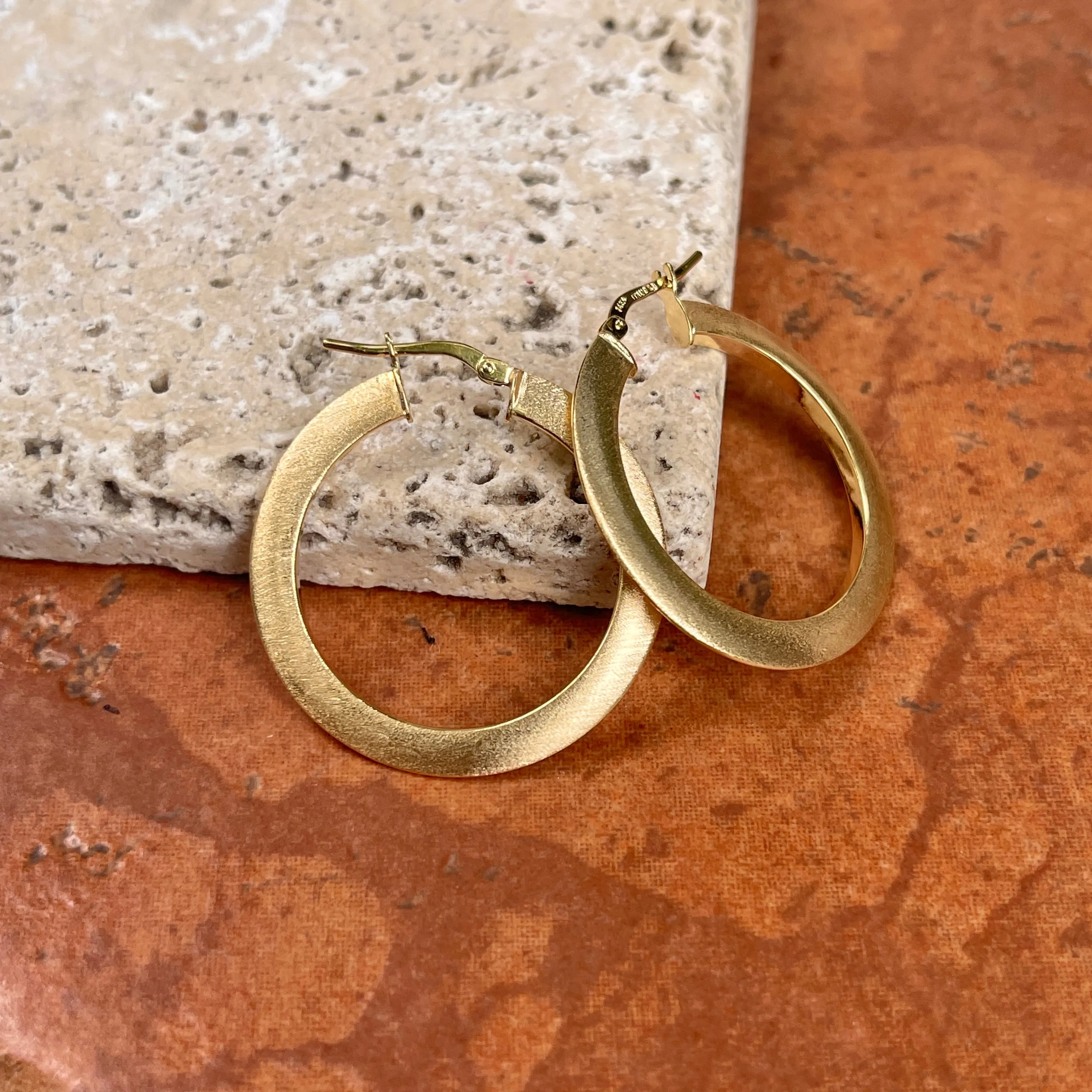 14KT Yellow Gold Satin Finish Flat Hoop Earrings 30mm