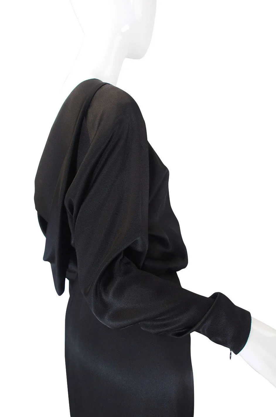 1970s Matte Black Silk Satin Adolfo Gown