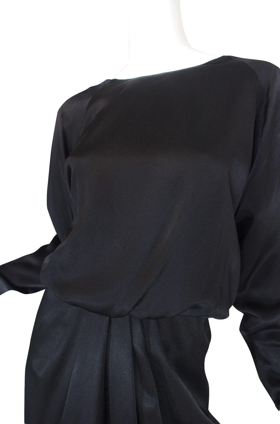 1970s Matte Black Silk Satin Adolfo Gown