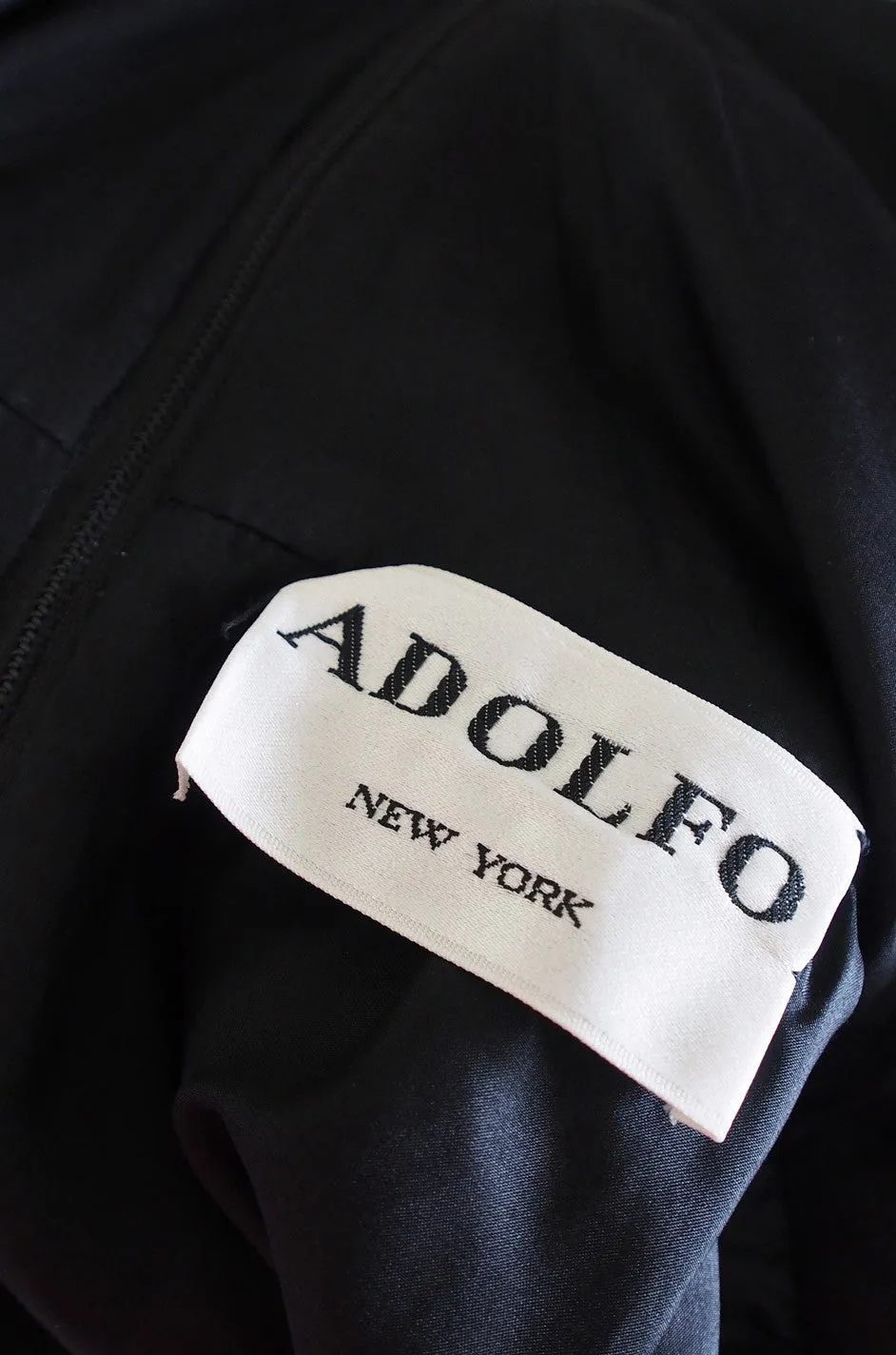 1970s Matte Black Silk Satin Adolfo Gown