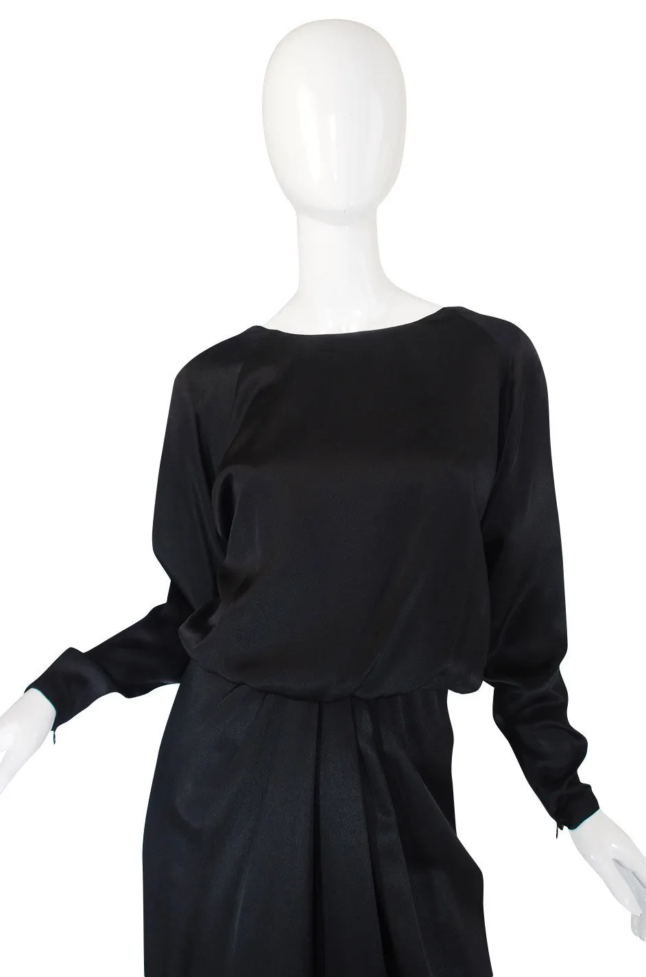 1970s Matte Black Silk Satin Adolfo Gown
