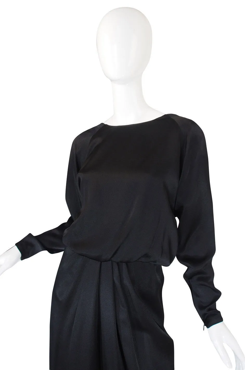 1970s Matte Black Silk Satin Adolfo Gown