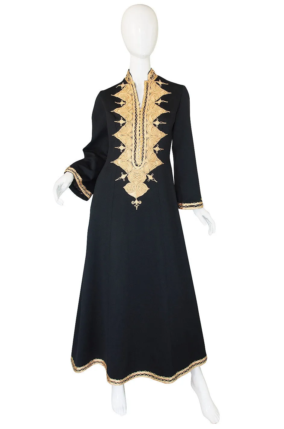 1970s Vintage Black and Gold Applique Caftan