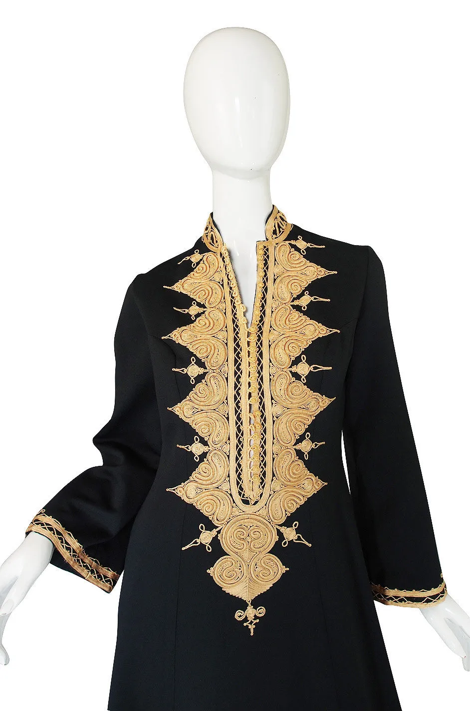 1970s Vintage Black and Gold Applique Caftan