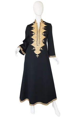 1970s Vintage Black and Gold Applique Caftan
