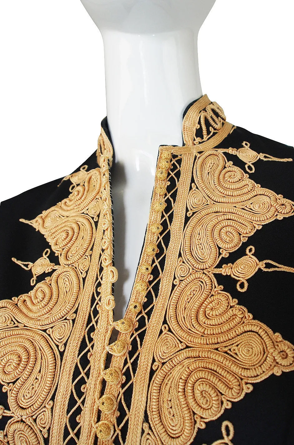 1970s Vintage Black and Gold Applique Caftan