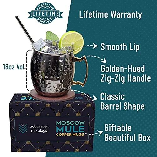 Advanced Mixology [Gift Set] Black Moscow Mule Mugs (18oz) | Black Mule Mug w/ Gunmetal Finish | Comes w/ Straws, Coasters & Jigger. | Black Tin Mugs (2 - Set of 6)