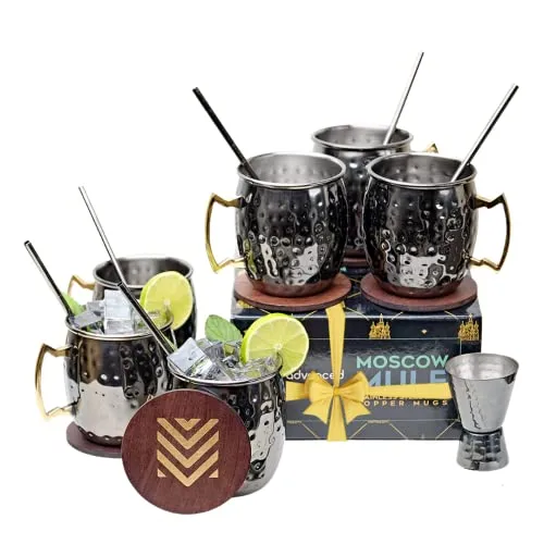 Advanced Mixology [Gift Set] Black Moscow Mule Mugs (18oz) | Black Mule Mug w/ Gunmetal Finish | Comes w/ Straws, Coasters & Jigger. | Black Tin Mugs (2 - Set of 6)