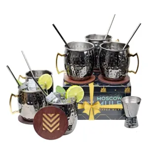 Advanced Mixology [Gift Set] Black Moscow Mule Mugs (18oz) | Black Mule Mug w/ Gunmetal Finish | Comes w/ Straws, Coasters & Jigger. | Black Tin Mugs (2 - Set of 6)