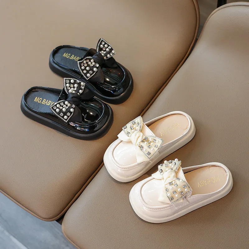 BEADED & PEARL BOW APPLIQUE MULES - WHITE