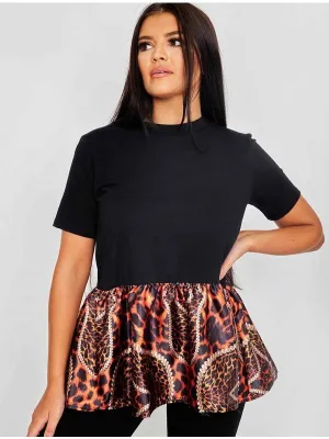 Black Leopard Pearl Print Frill Hem Top