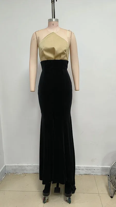Brinley Pointed Neckline High Waisted Skirt Maxi Dress