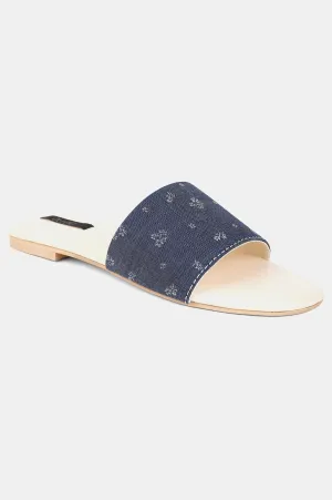 Denim Blue Square Toe Floral Print Flat - ZDiana