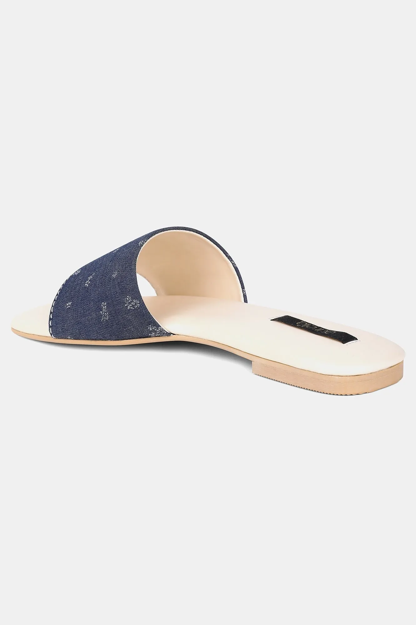 Denim Blue Square Toe Floral Print Flat - ZDiana