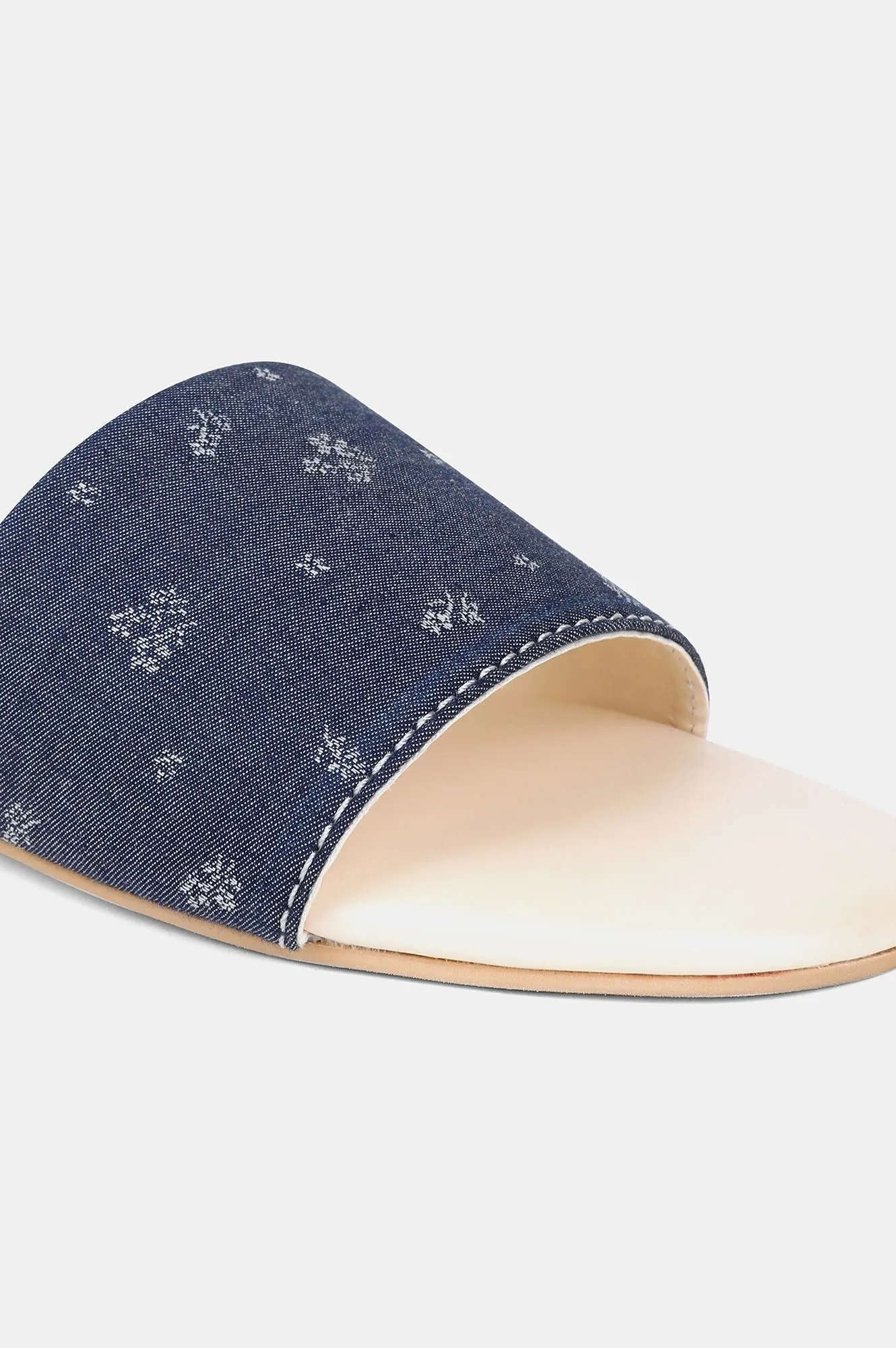 Denim Blue Square Toe Floral Print Flat - ZDiana