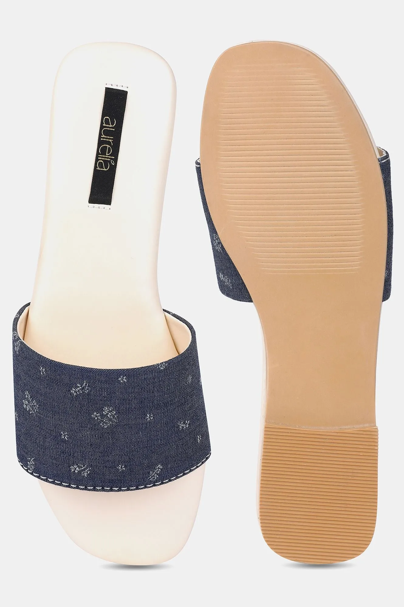 Denim Blue Square Toe Floral Print Flat - ZDiana