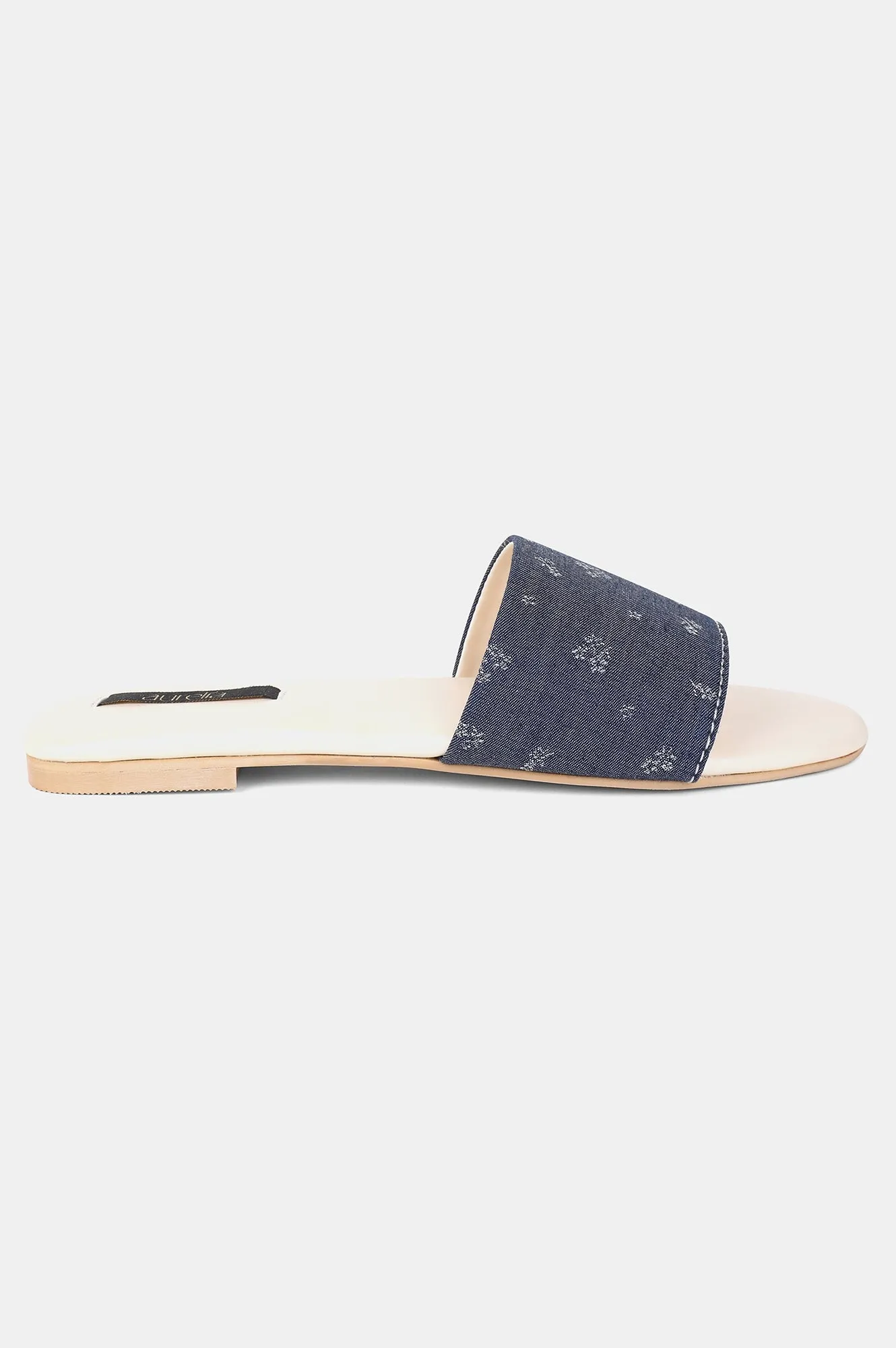 Denim Blue Square Toe Floral Print Flat - ZDiana