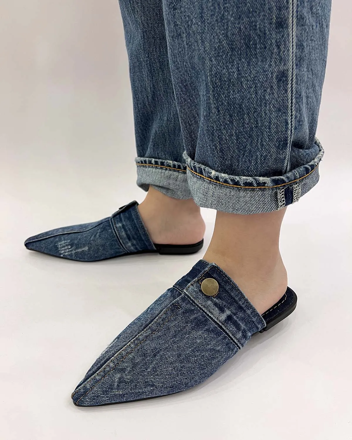 Denim pointed toe flat slippers mule shoes