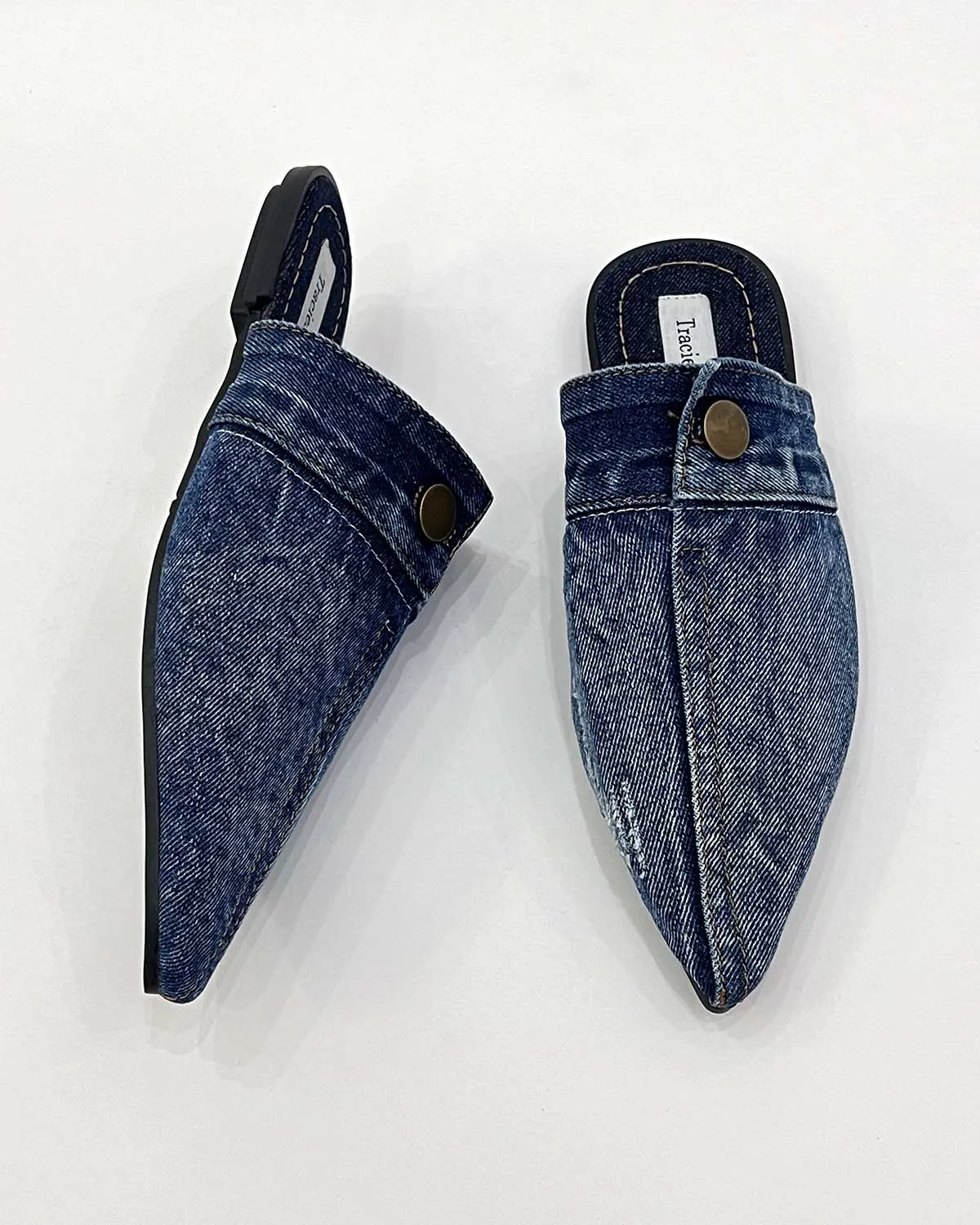 Denim pointed toe flat slippers mule shoes