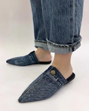 Denim pointed toe flat slippers mule shoes