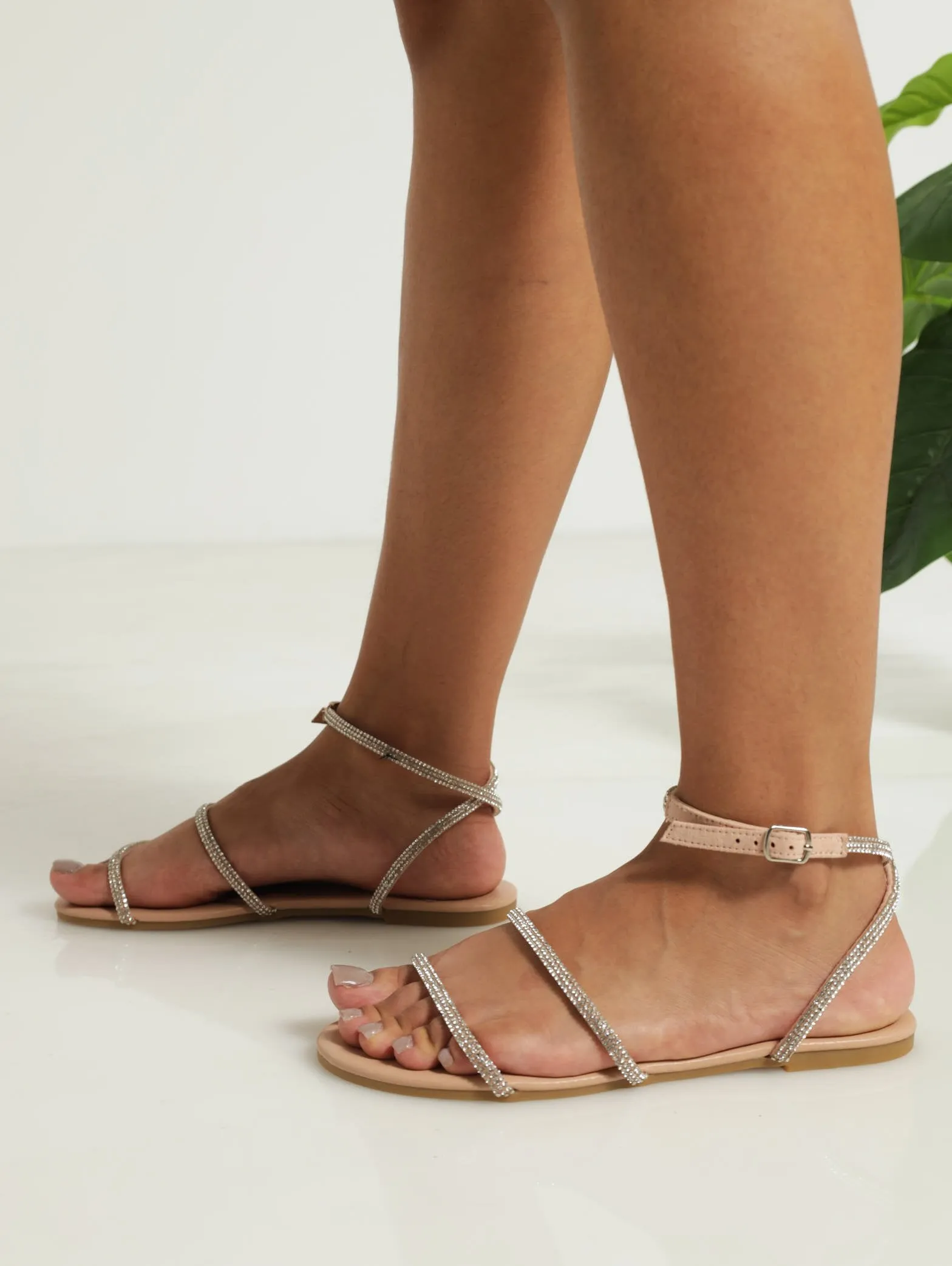 Embellished Mule Lace-Up Flat Sandal - Silver