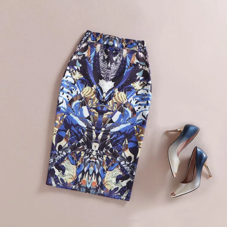 Fashion Women Print Office Skirt Spring Summer Knee-Length Pencil Back Split Skirts High