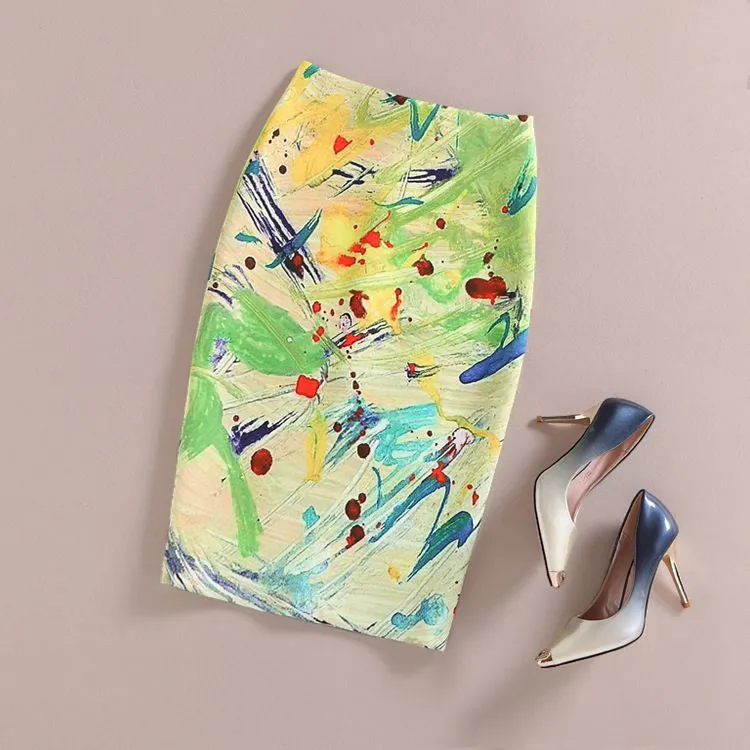 Fashion Women Print Office Skirt Spring Summer Knee-Length Pencil Back Split Skirts High