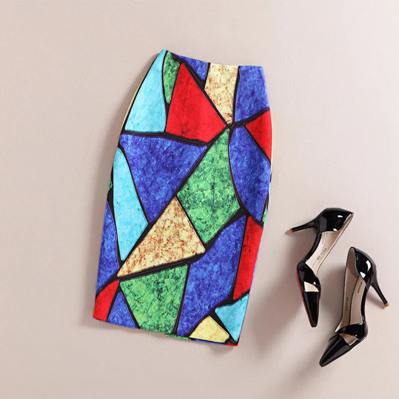 Fashion Women Print Office Skirt Spring Summer Knee-Length Pencil Back Split Skirts High