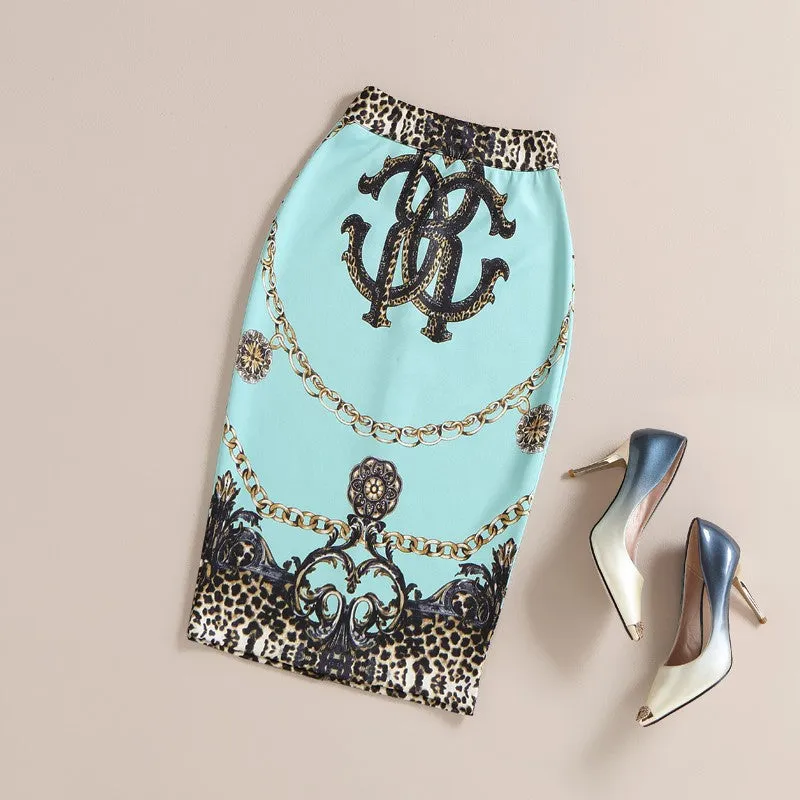Fashion Women Print Office Skirt Spring Summer Knee-Length Pencil Back Split Skirts High