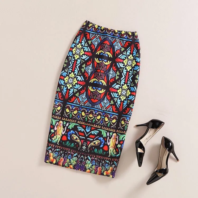 Fashion Women Print Office Skirt Spring Summer Knee-Length Pencil Back Split Skirts High