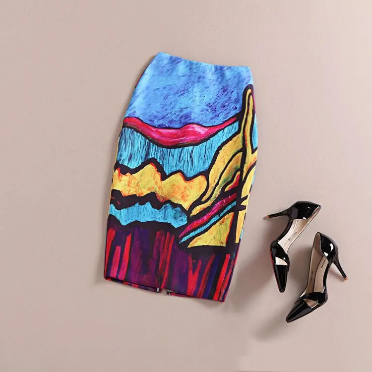 Fashion Women Print Office Skirt Spring Summer Knee-Length Pencil Back Split Skirts High