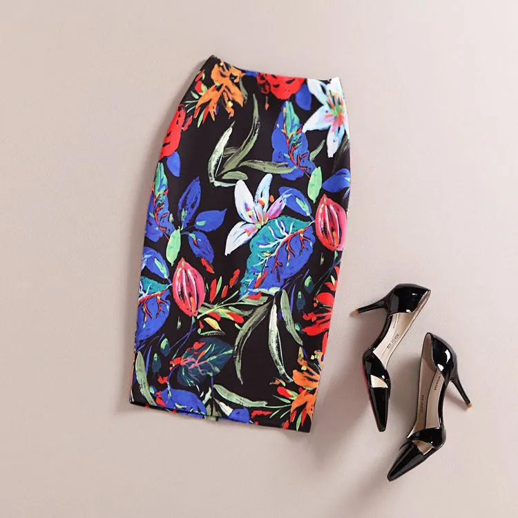 Fashion Women Print Office Skirt Spring Summer Knee-Length Pencil Back Split Skirts High