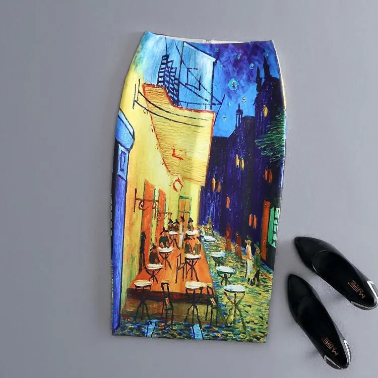 Fashion Women Print Office Skirt Spring Summer Knee-Length Pencil Back Split Skirts High