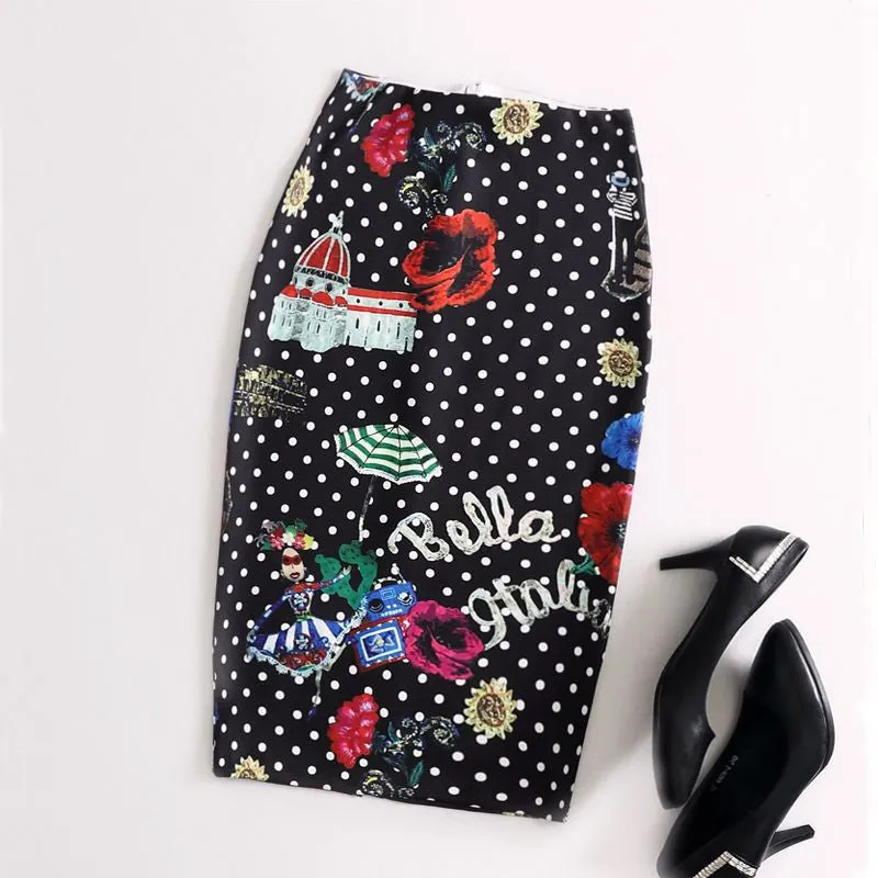 Fashion Women Print Office Skirt Spring Summer Knee-Length Pencil Back Split Skirts High