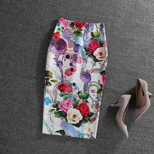 Fashion Women Print Office Skirt Spring Summer Knee-Length Pencil Back Split Skirts High