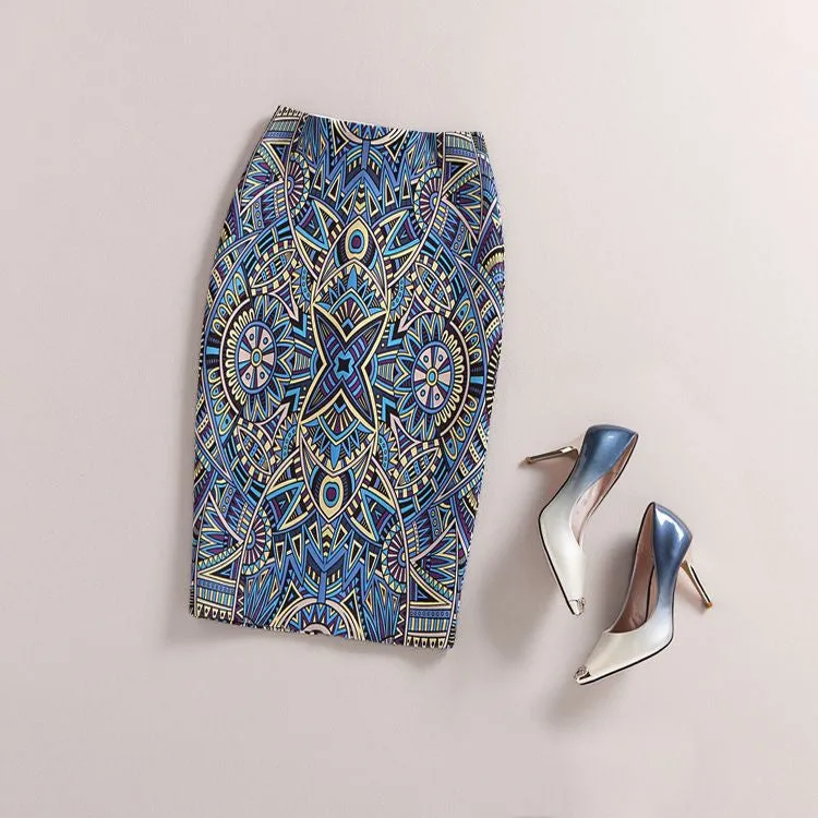 Fashion Women Print Office Skirt Spring Summer Knee-Length Pencil Back Split Skirts High