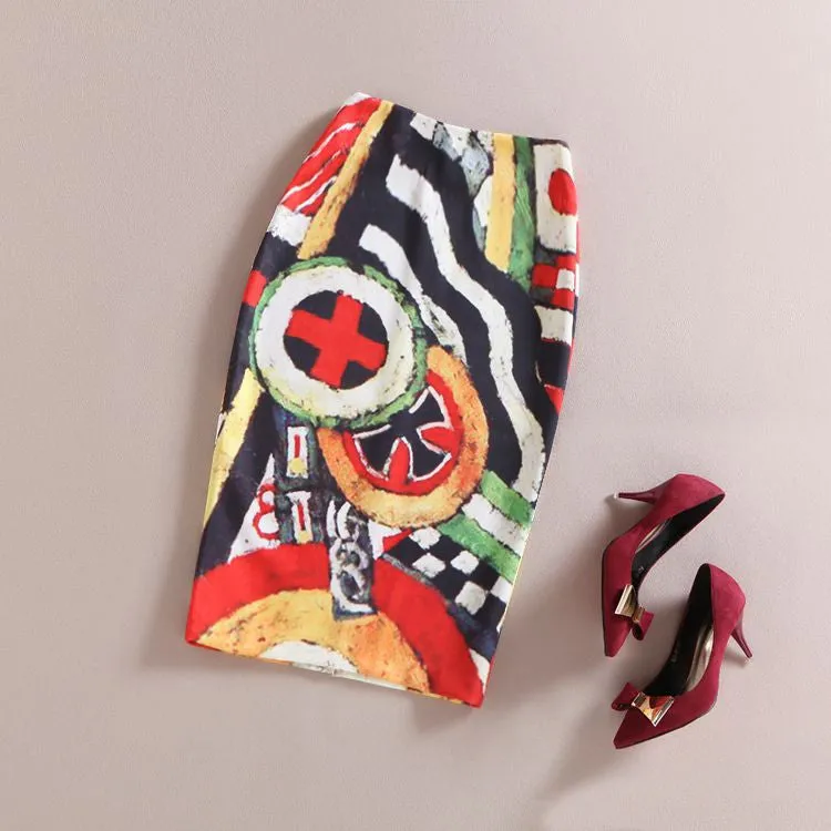 Fashion Women Print Office Skirt Spring Summer Knee-Length Pencil Back Split Skirts High