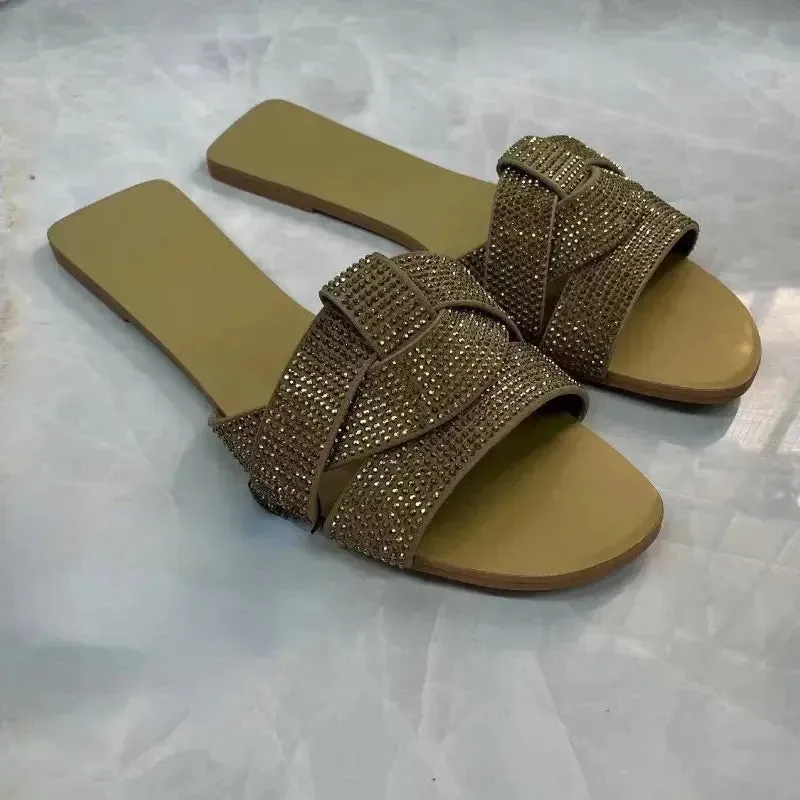 Flat Women's Slippers Shining Diamond Decoration Open Toe Beach Shoes Outdoor Walk Ladies Slides
