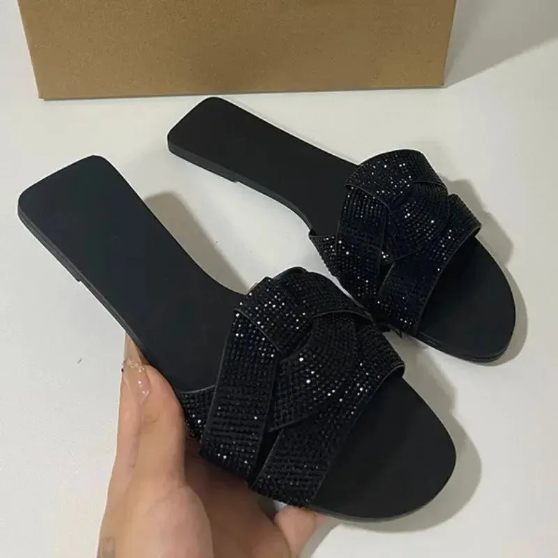 Flat Women's Slippers Shining Diamond Decoration Open Toe Beach Shoes Outdoor Walk Ladies Slides