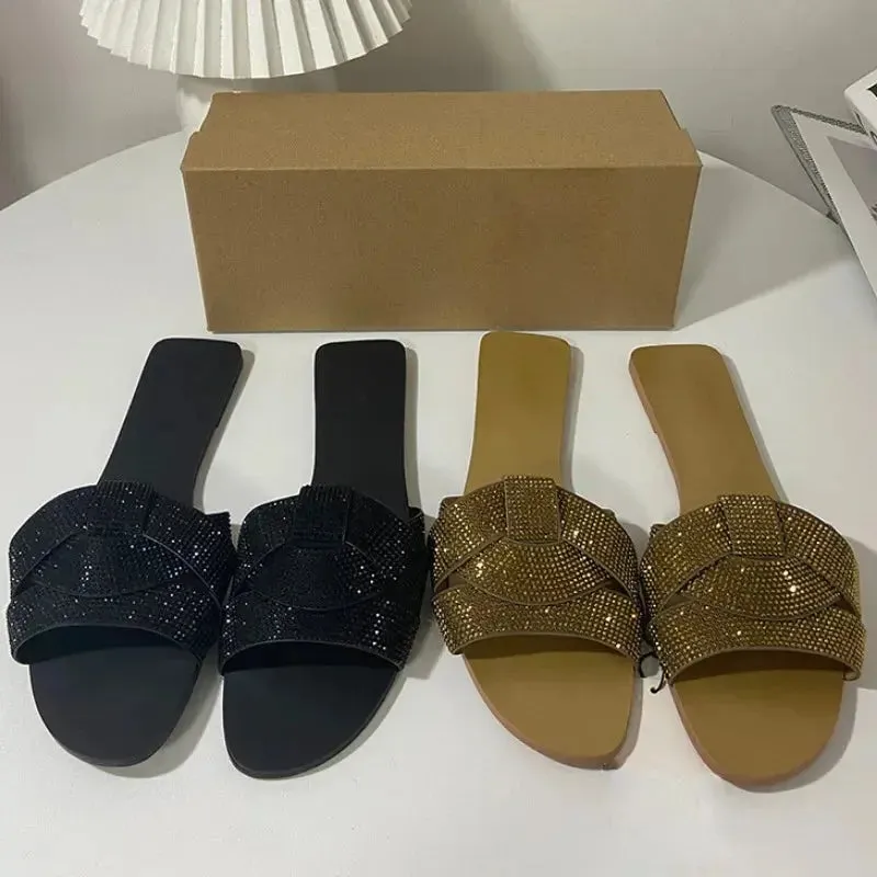 Flat Women's Slippers Shining Diamond Decoration Open Toe Beach Shoes Outdoor Walk Ladies Slides