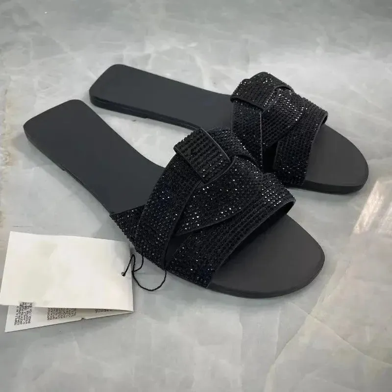 Flat Women's Slippers Shining Diamond Decoration Open Toe Beach Shoes Outdoor Walk Ladies Slides