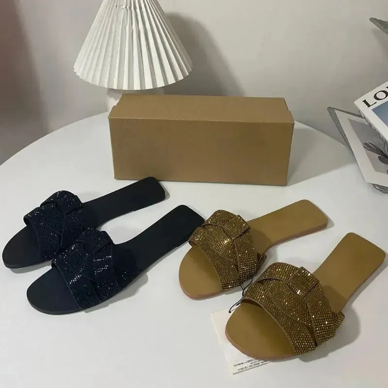 Flat Women's Slippers Shining Diamond Decoration Open Toe Beach Shoes Outdoor Walk Ladies Slides