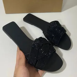 Flat Women's Slippers Shining Diamond Decoration Open Toe Beach Shoes Outdoor Walk Ladies Slides
