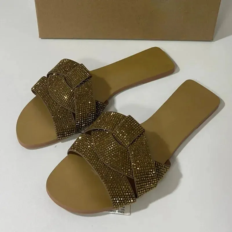 Flat Women's Slippers Shining Diamond Decoration Open Toe Beach Shoes Outdoor Walk Ladies Slides