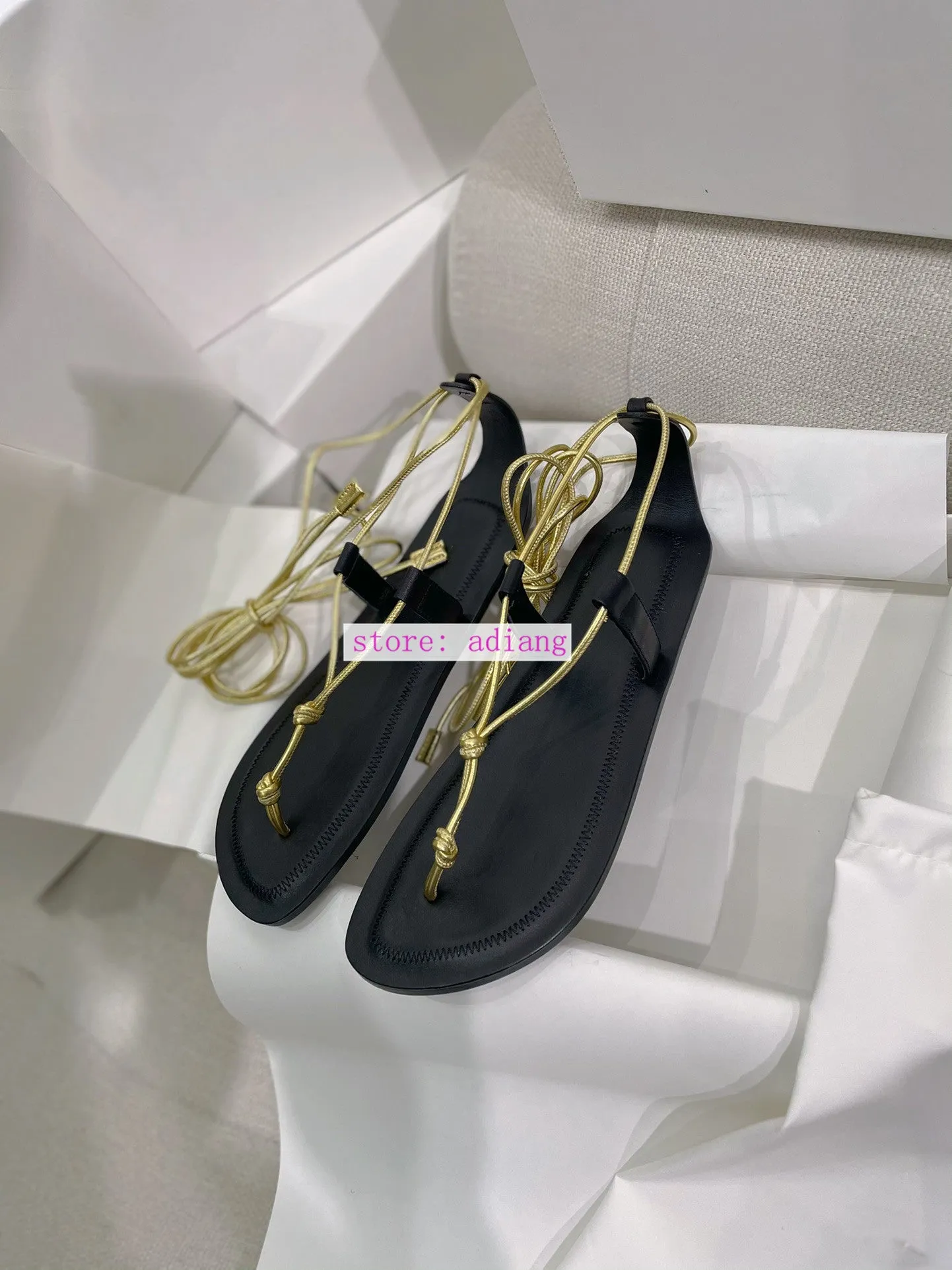 flip flops flats lamb leather Lower leg strapping sandals simple 2023 gold black white 35-40