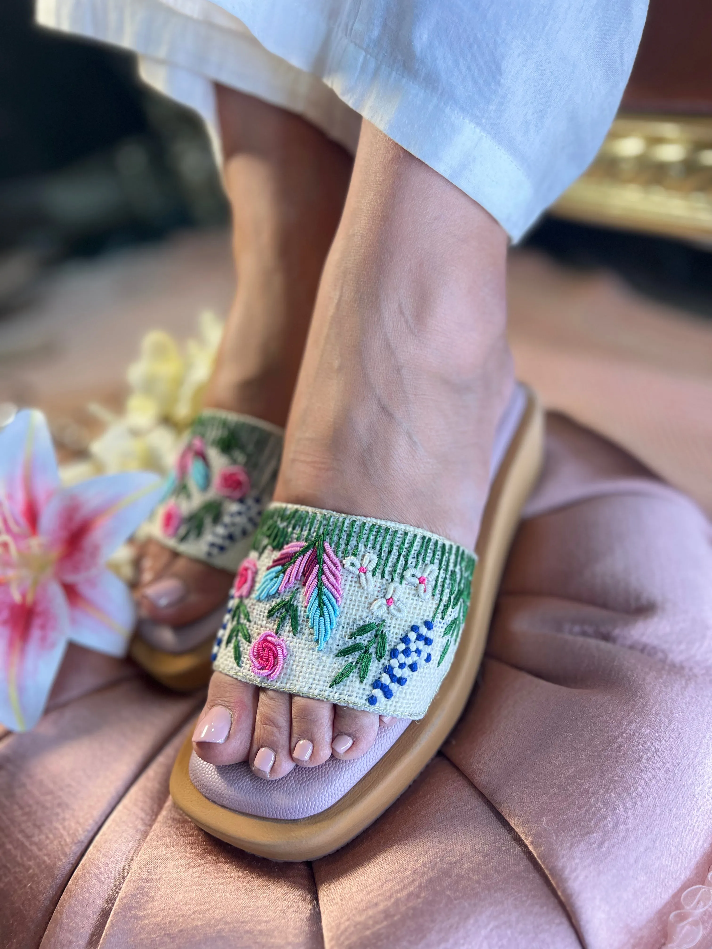 Floral Embroidered Slide Sandals