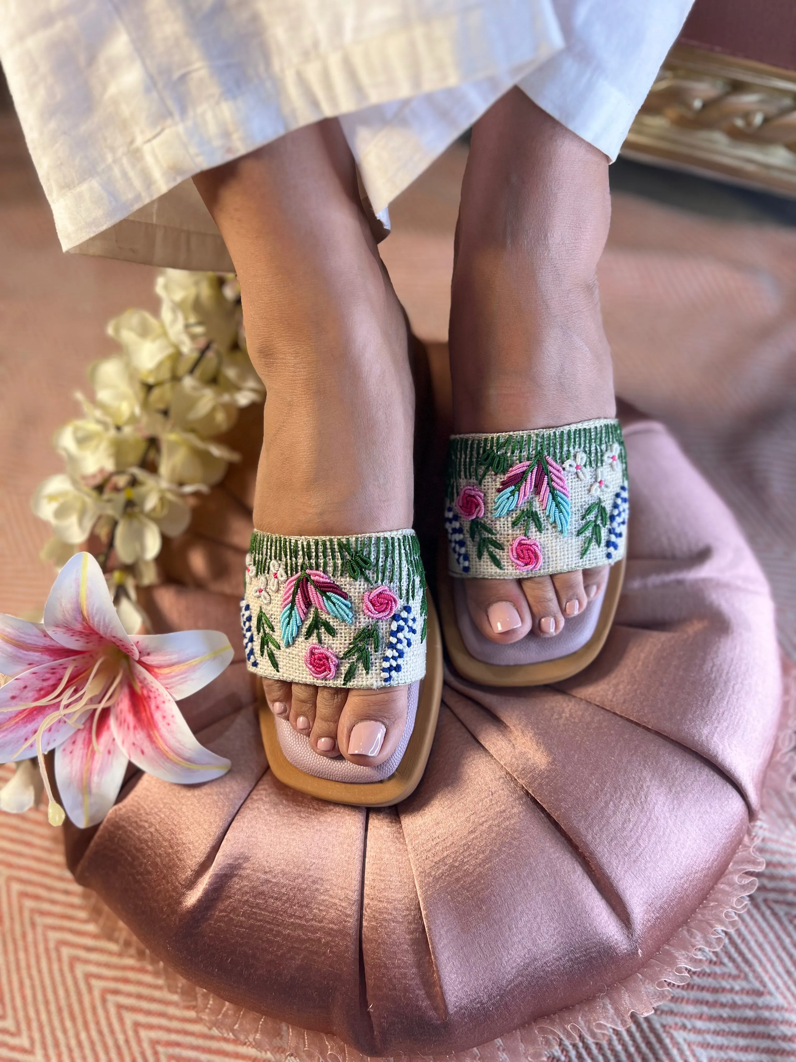 Floral Embroidered Slide Sandals