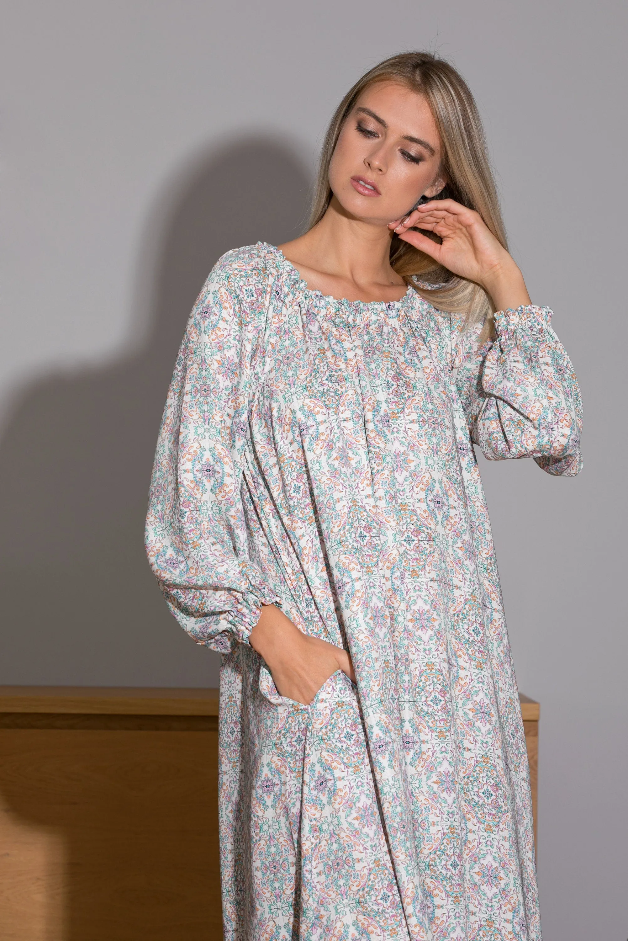 Floral Maxi Dress with Pockets, Simple Dress, Boho Clothing, Loose Fit Long Dress, Plus Size Clothing, Dress with Bishop Sleeves