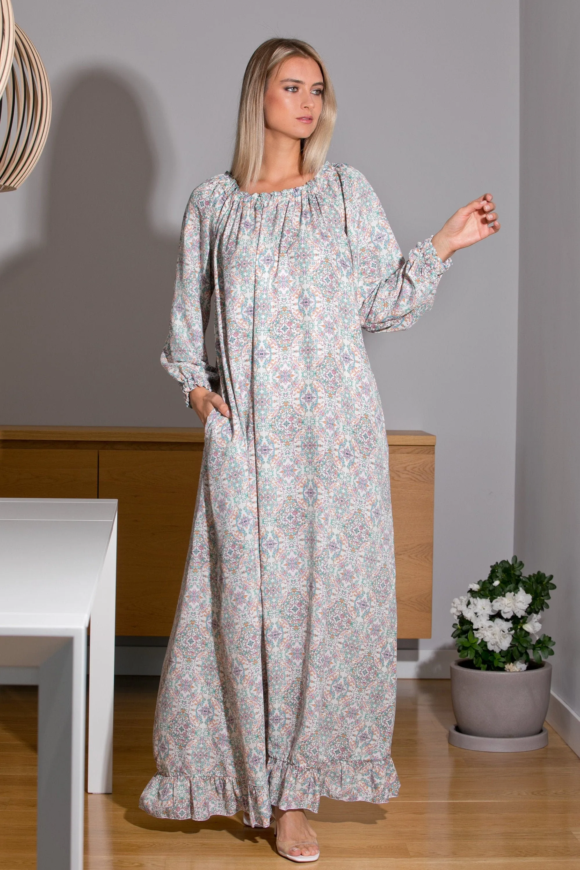 Floral Maxi Dress with Pockets, Simple Dress, Boho Clothing, Loose Fit Long Dress, Plus Size Clothing, Dress with Bishop Sleeves