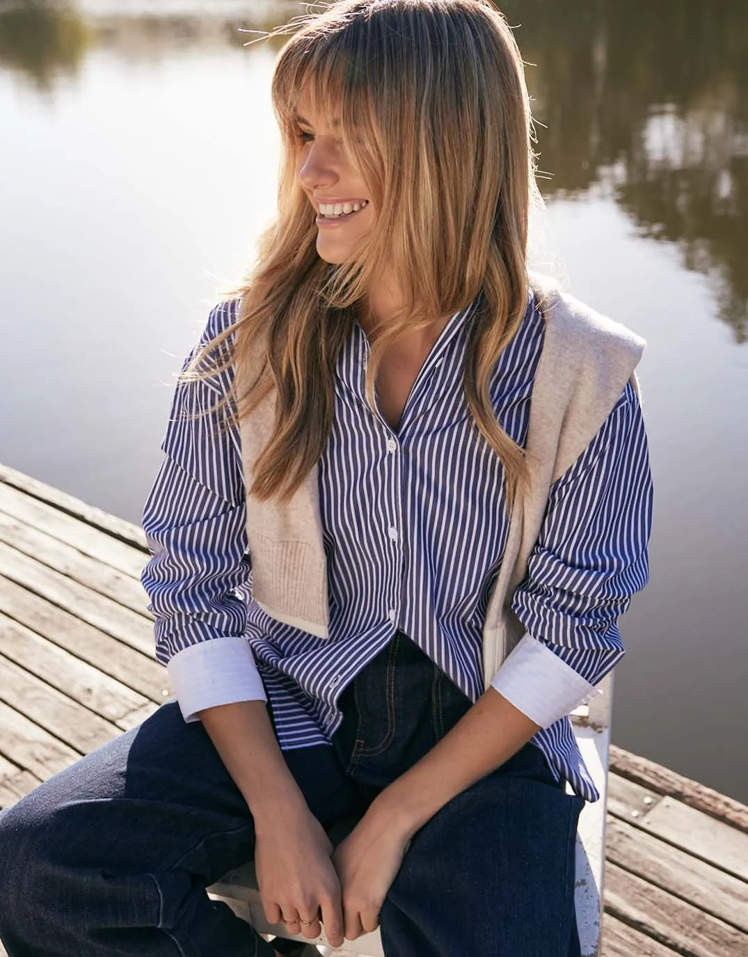 Hayley Double Cuff Shirt - Navy/White
